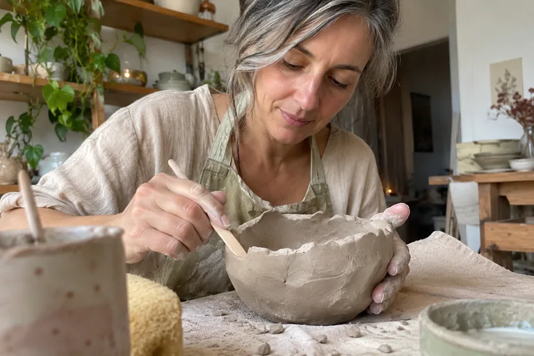 Femme travaillant un bol d’argile irrégulier avec un outil de bois.