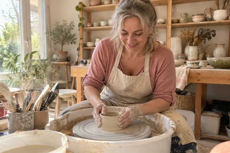 Femme modelant un pot sur un tour de potier.
