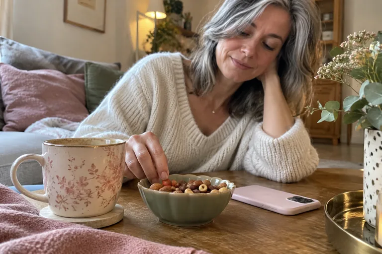 Tasse, bol de fruits secs et téléphone face cachée devant une femme.