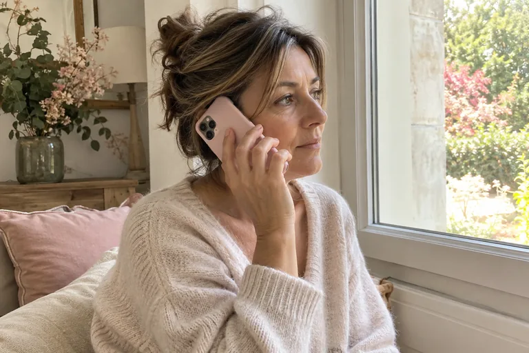 Femme assise près d’une fenêtre, un téléphone à coque rose contre l’oreille.