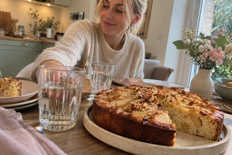 Gâteau aux fruits et verres d’eau sur une table devant une femme.