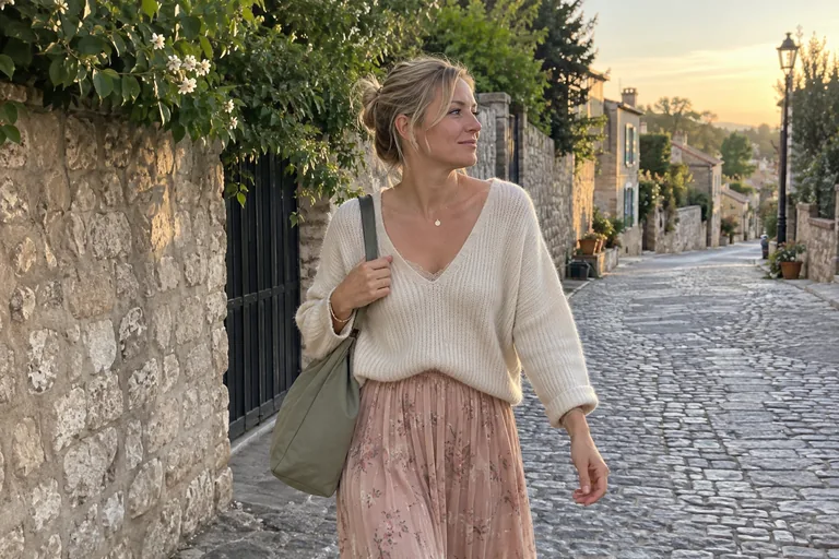 Femme marchant seule dans une rue pavée bordée de murs en pierre.