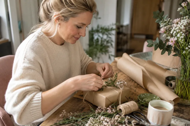 Femme attachant une ficelle et des fleurs sur un paquet en papier kraft.