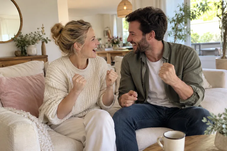 Deux adultes sourient sur un canapé, les poings levés.