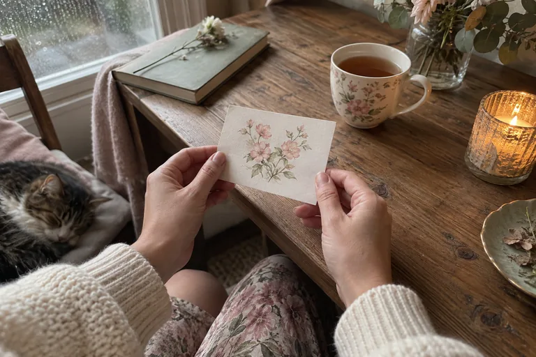 Des mains tiennent une petite carte manuscrite sur une table en bois, à côté d’une tasse de thé et d’une bougie, par un jour de pluie