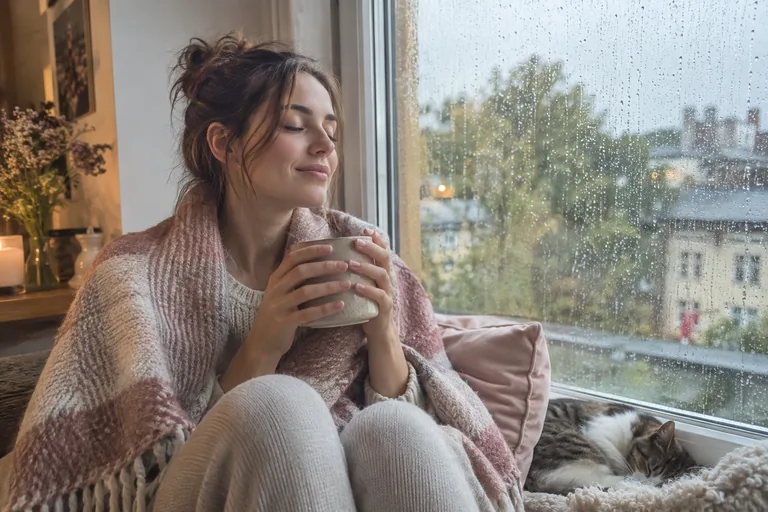 Une femme près d’une fenêtre, une couverture sur les épaules et une boisson chaude, respire les yeux fermés un jour de pluie