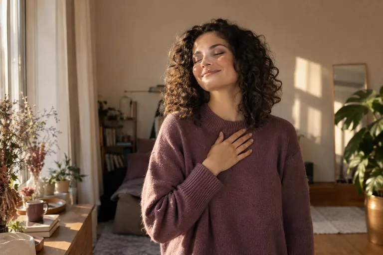 Une jeune femme aux cheveux bouclés, une main sur le cœur, sourit avec assurance les yeux fermés
