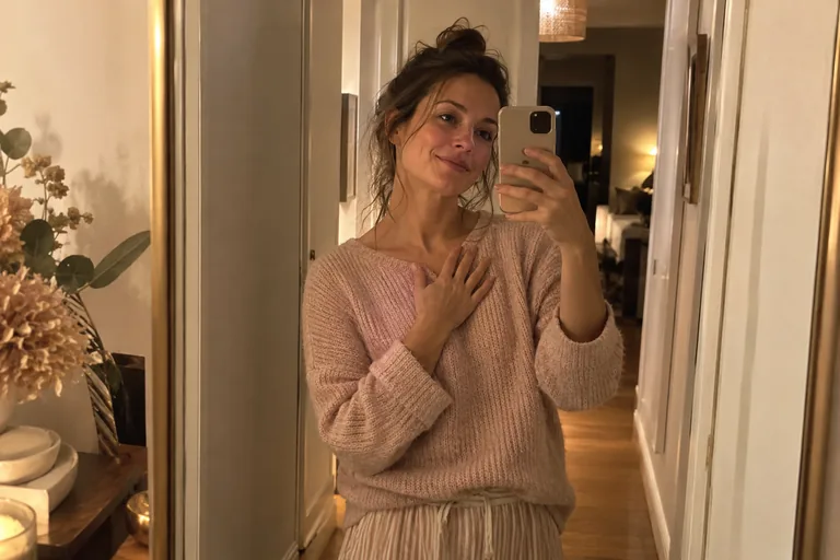 Une femme le soir, lumière douce, main posée sur le cœur devant un miroir étroit