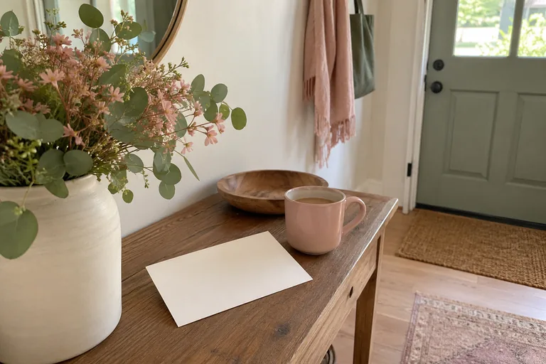 Une carte blanche et une tasse rose sont posées sur un meuble près d’une porte.