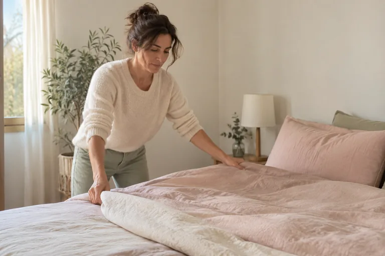 Une femme remet une couette en place sur un lit.
