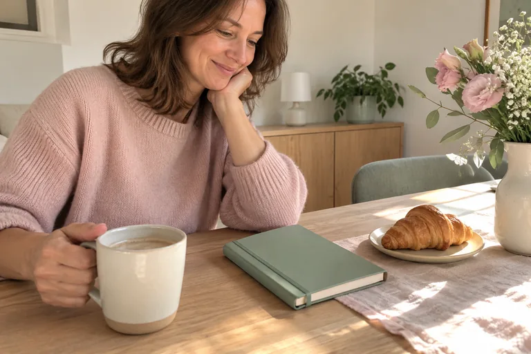 Une femme tient une tasse près d’un carnet fermé et d’un croissant.
