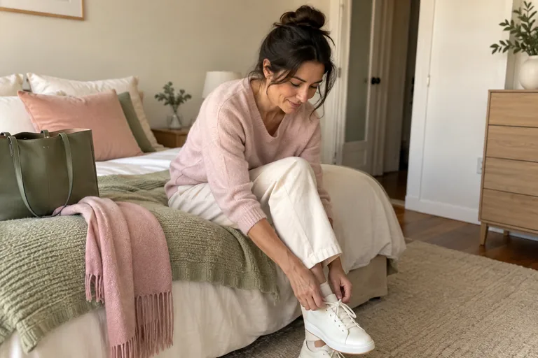 Une femme assise sur un lit ajuste les lacets d’une chaussure blanche.
