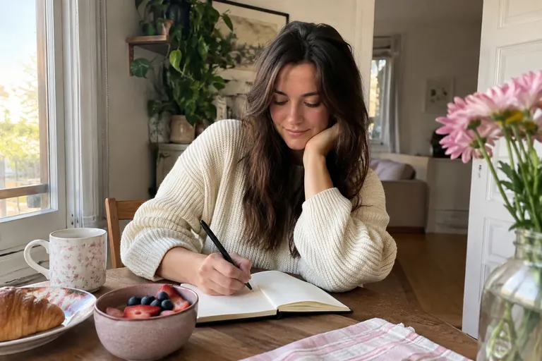 Une femme écrit une courte réflexion dans un carnet à une petite table du petit-déjeuner