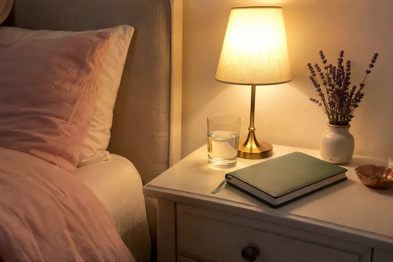 Une table de nuit avec une petite lampe allumée, un carnet fermé, de la lavande séchée dans un petit vase et un verre d’eau