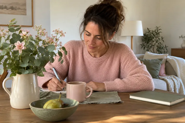 Une femme écrit à une table, la page en grande partie cachée par une tasse.