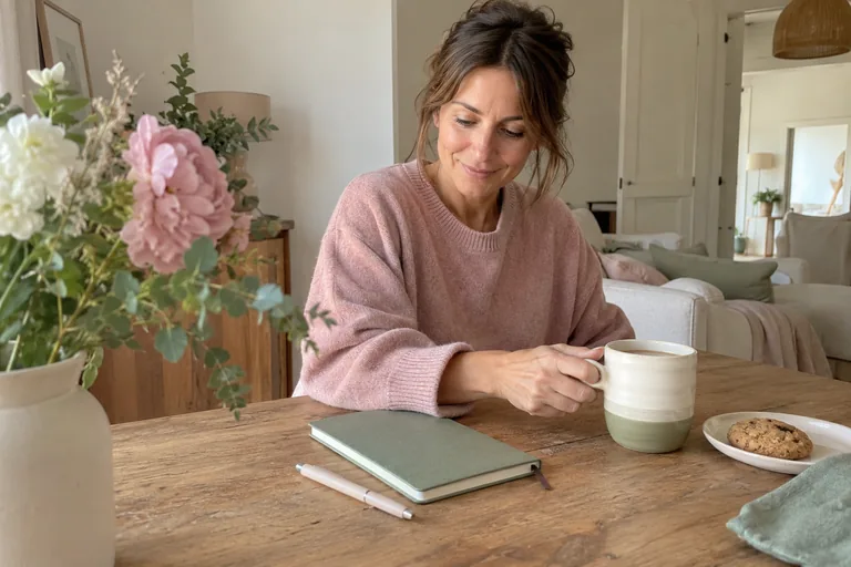 Une femme tient une tasse près d’un carnet vert fermé et d’une assiette.