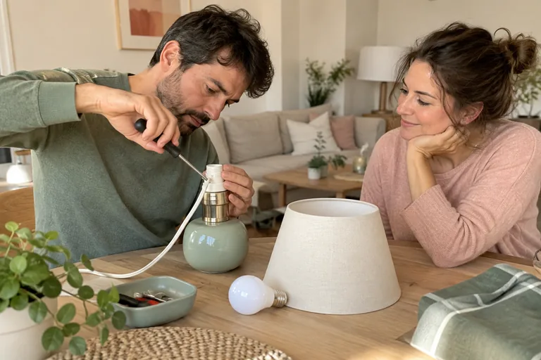Un homme intervient sur une lampe démontée pendant qu’une femme le regarde.