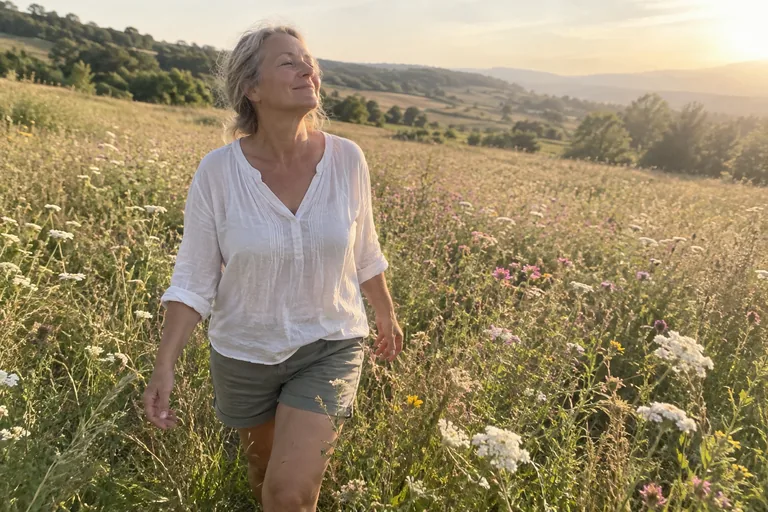 Une femme marche dans un champ de fleurs sauvages au coucher du soleil, le visage tourné vers le soleil, les yeux fermés