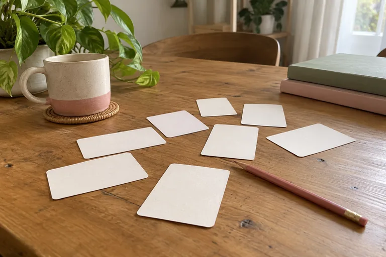 Cartes blanches retournées et crayon sur une table.