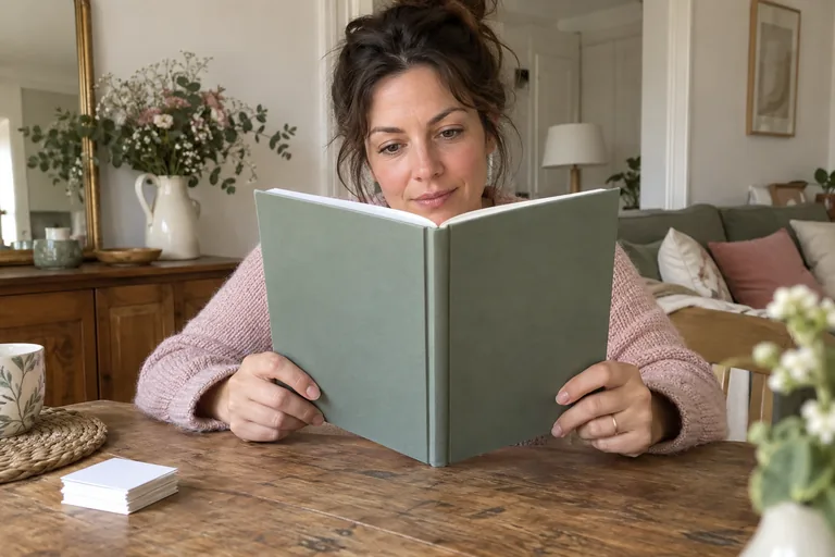 Femme lisant un livre tenu droit, ses pages tournées hors de vue.