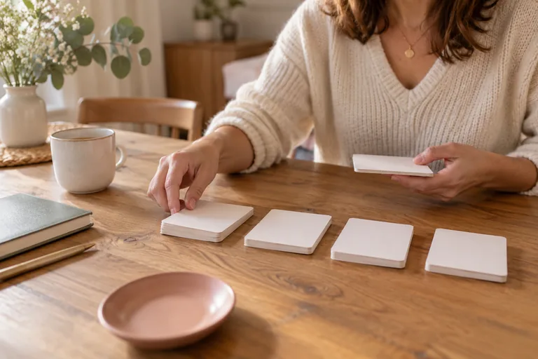 Femme répartissant des cartes retournées en piles.
