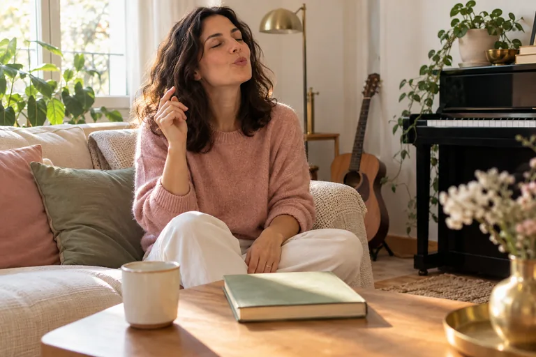 Femme les yeux fermés, une main levée, près d’un piano et d’une guitare.