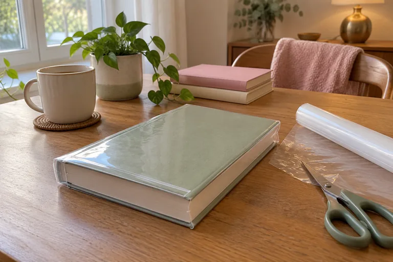 Livre recouvert d’un film transparent près de ciseaux.
