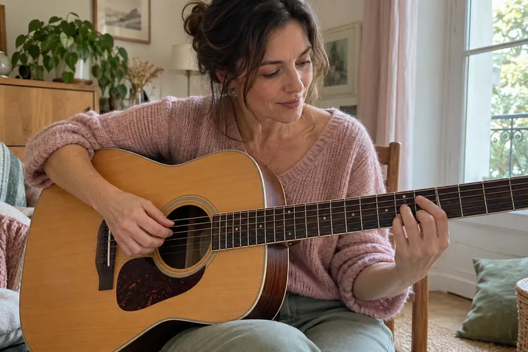 Femme pratiquant la guitare près d’une fenêtre, la tête de l’instrument hors cadre.