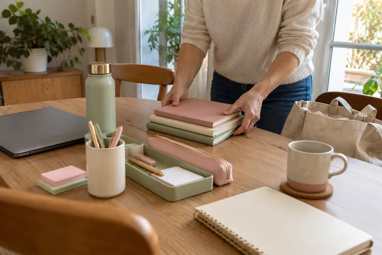 Femme empilant des carnets près de fournitures rangées.