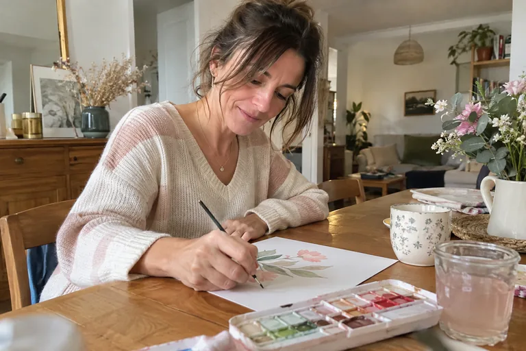 Femme peignant des fleurs à l’aquarelle sur une feuille blanche.