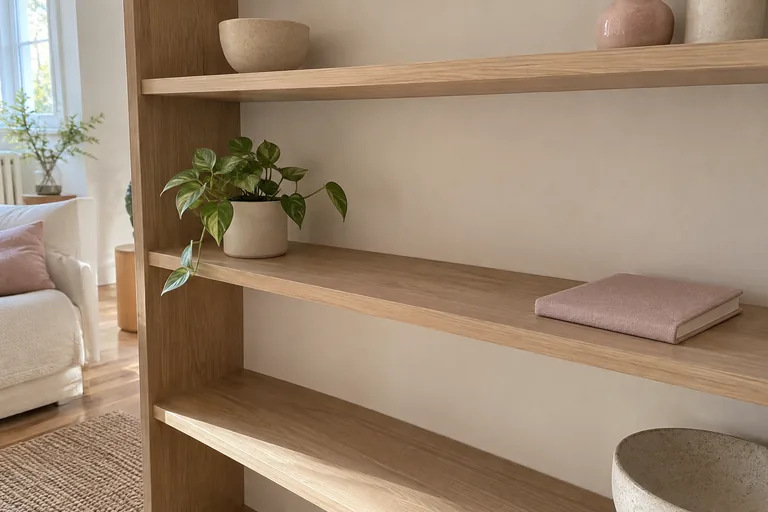 Étagère en bois largement vide avec une plante verte et un carnet rose fermé.