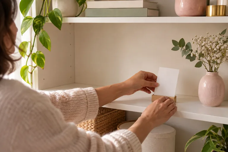 Femme plaçant une carte blanche sur une étagère dégagée.
