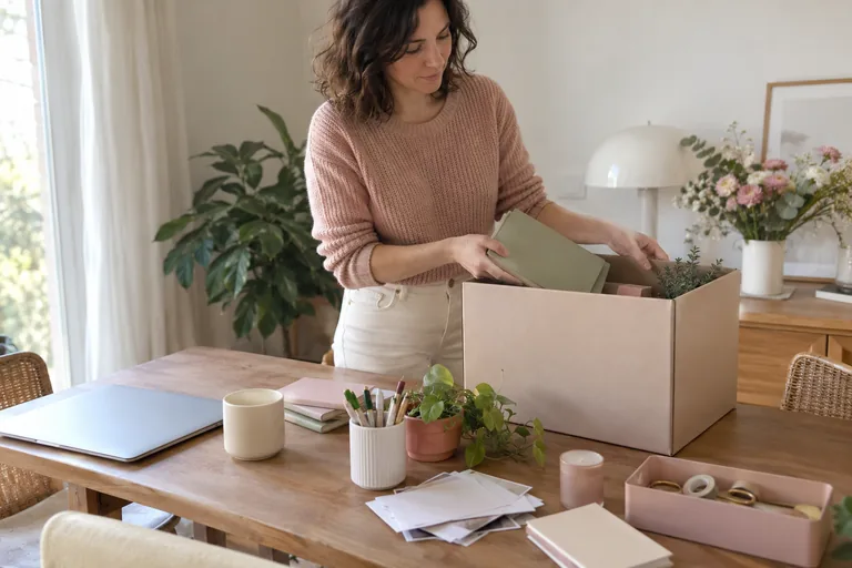 Femme rangeant des carnets dans une boîte en carton.