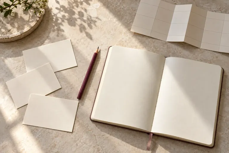 Trois cartes de bilan et un carnet sur une table claire