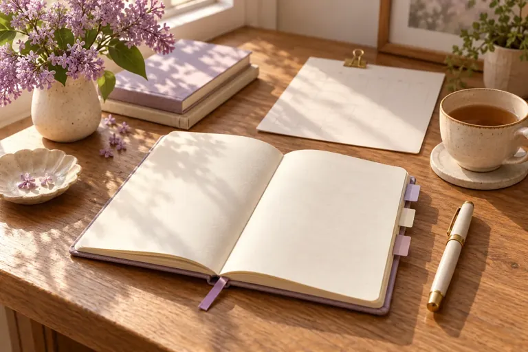Carnet ouvert et calendrier vierge sur une table lumineuse