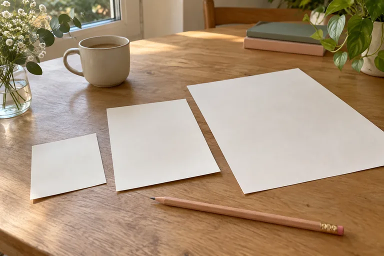 Trois feuilles de tailles différentes à côté d’un crayon.
