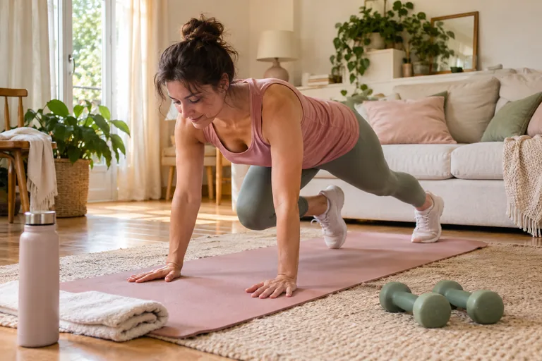 Femme effectuant un exercice sur un tapis dans son salon.