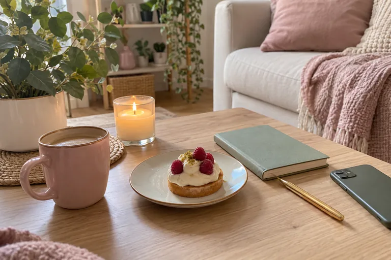 Petit gâteau aux framboises posé sur une table avec un carnet fermé.