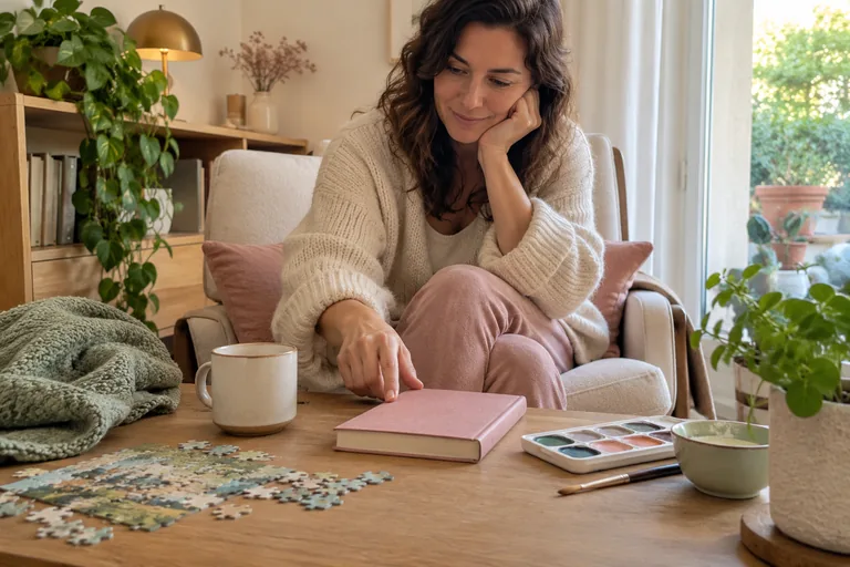 Femme assise devant un carnet, un puzzle et une palette.