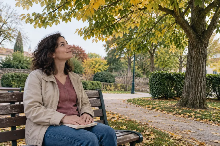 Une femme regarde un arbre depuis un banc avec un carnet fermé sur les genoux