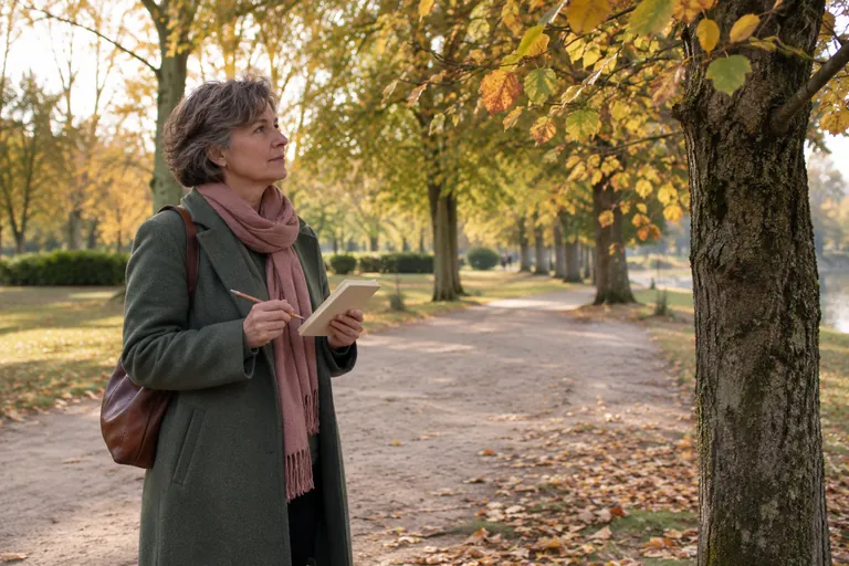 Une femme observe un arbre depuis une allée avec un carnet et un crayon