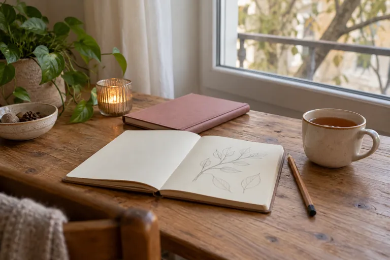 Un carnet ouvert avec des contours de branche et de feuilles, un crayon et une tasse près d’une fenêtre