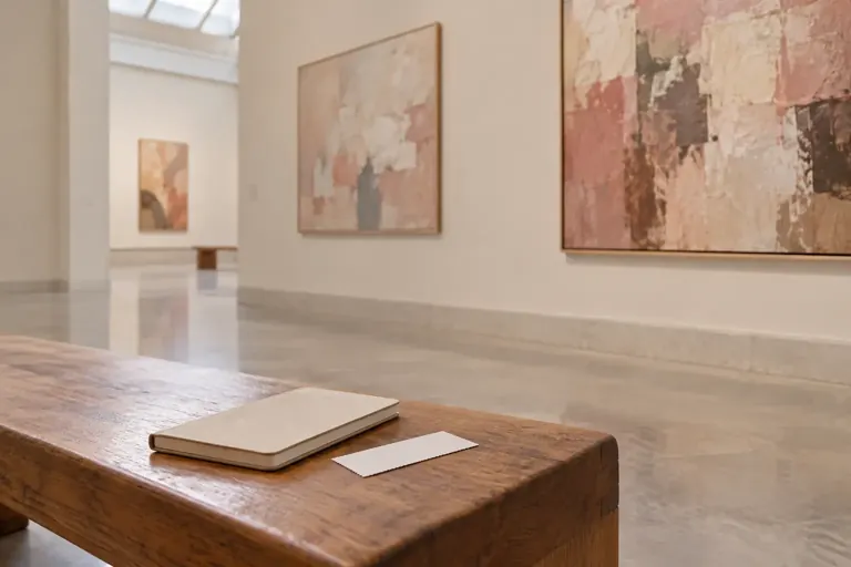 Carnet et billet vierge sur un banc de musée vide