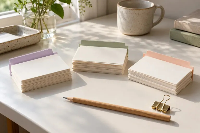 Cartes de notes vierges organisées en trois petits groupes