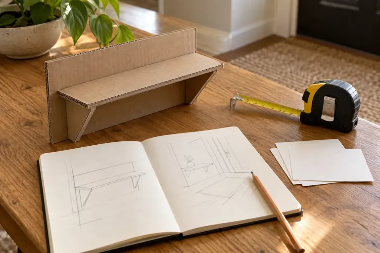 Maquette en carton et cartes de notes sur une table de travail