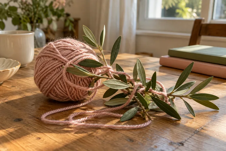Une pelote rose est mêlée à un rameau feuillu sur une table.