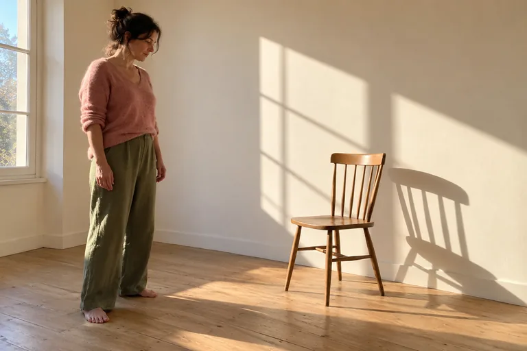 Une femme debout observe une chaise en bois et son ombre sur un mur nu.