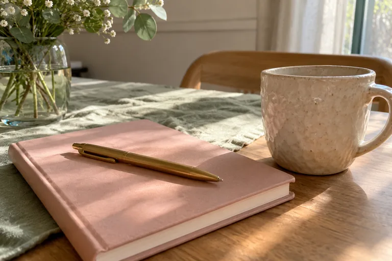 Un stylo doré repose sur un carnet rose près d’une tasse texturée.