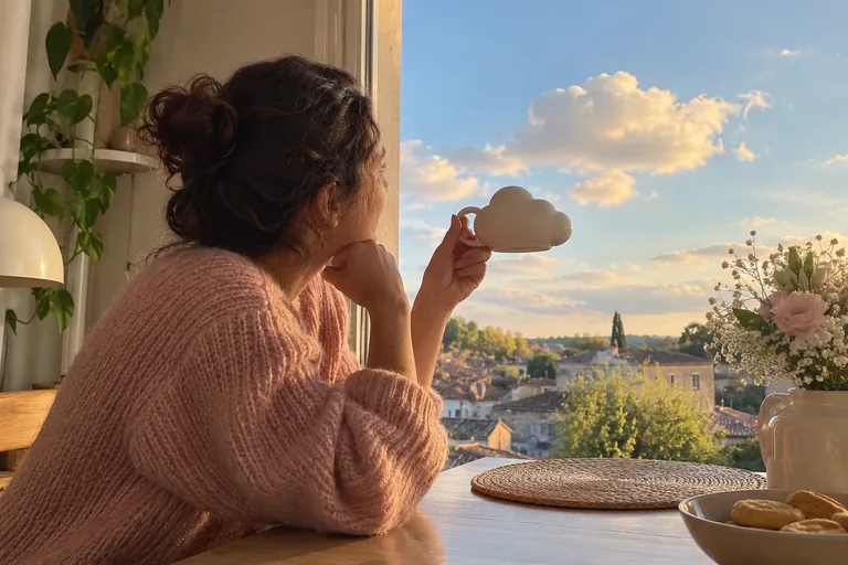 Une femme tient un objet en céramique en forme de nuage devant une fenêtre.