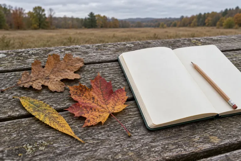 Feuilles tombées observées près d’un carnet de terrain et d’un crayon